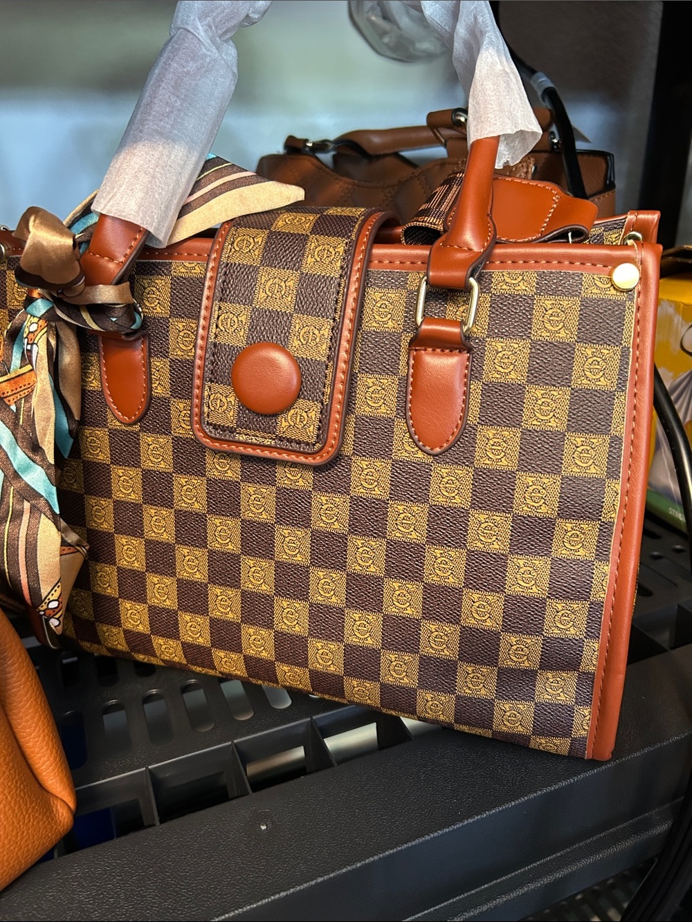 Brown Checkerboard Tote Handbag with Tan Trim